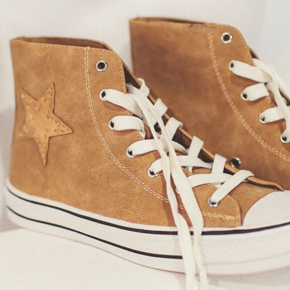 NEW High Top Faux Leather Stitch Star Patch Casual Sneakers Shoes Camel Beige - Picture 10 of 11